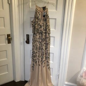 Adrianna Papell Floral Beaded Blouson Halter Gown